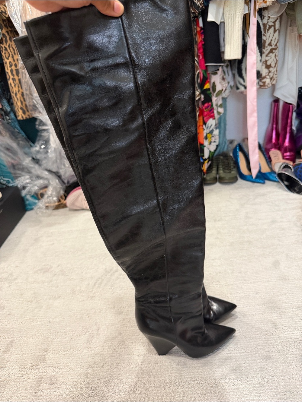 Saint Laurent Black Leather Over-the-Knee Block Heel Boots - Picture 3 of 4